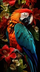 Fototapeta premium Beautiful macaw bird and colorful spring flowers