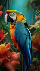 Beautiful macaw bird and colorful spring flowers