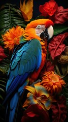 Obraz premium Beautiful macaw bird and colorful spring flowers