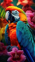 Fototapeta premium Beautiful macaw bird and colorful spring flowers
