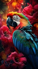 Beautiful macaw bird and colorful spring flowers - obrazy, fototapety, plakaty