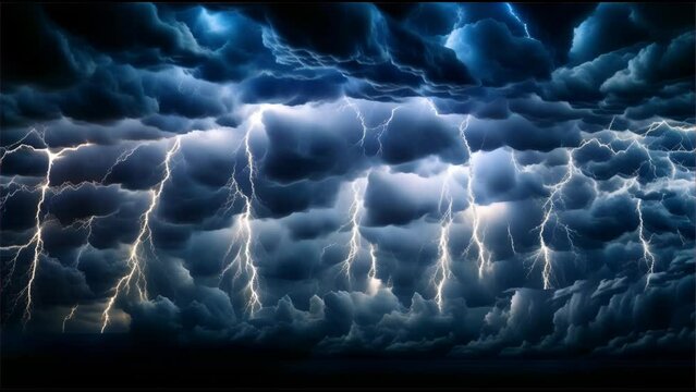 A dramatic thunderstorm scene with cumulonimbus clouds, jagged lightning bolts, heavy rain, and flashes of light against a black background.