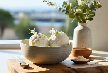 Fototapeta na wymiar Vanilla ice cream served in a bowl on a wooden board