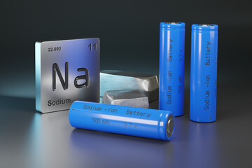 Sodium - ion batteries , metallic sodium and element symbol. 3d illustration. - obrazy, fototapety, plakaty