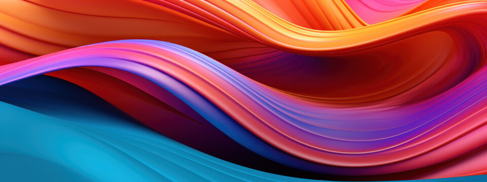 Abstract 3D depiction of colorful, reflective waves creating a rhythmic and captivating pattern.