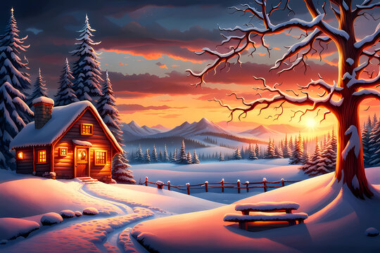 winter forest wallpaper, wintry cabin in a snowy forest landscape, day in a beautiful frozen woodland, forezen forest landscape