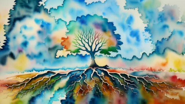 Ai generated. Watercolor Elegance: The Mighty Tree Roots
