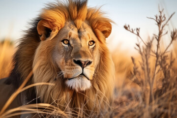 Close up view on a majestic lion in the savannah, showcasing the beauty and power of African...