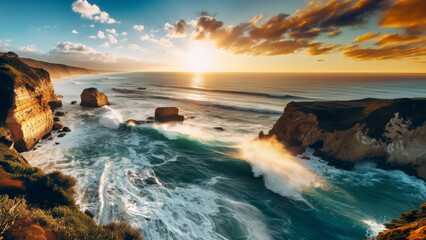 Obraz premium A captivating view of a rugged coastline with crashing waves, rugged cliffs, on a background of sunrise, wallpaper designs