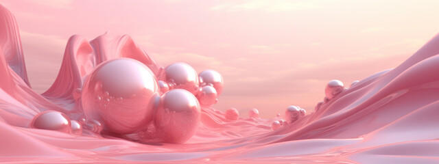 Stunning 3D featuring pink-toned waves interspersed with floating spheres.