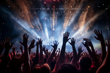 A high-energy view capturing a sea of ecstatic fans dancing and waving their hands at a rock concert, dark silhouettes of hands, highlighting the thrill of live music.