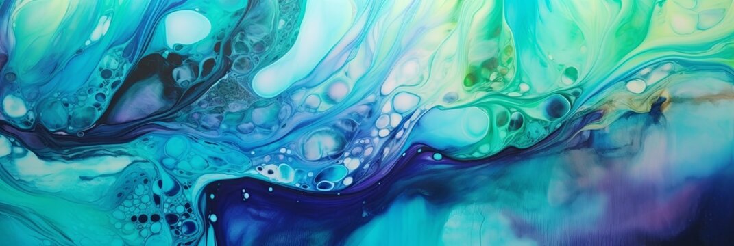 An abstract background of mesmerizing image of vibrant liquid ink in shades of blue, green, and purple swirling together in a dynamic dance