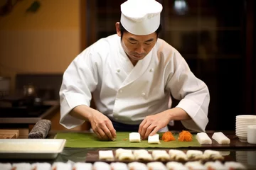Wandcirkels tuinposter A traditional Japanese sushi chef expertly preparing sushi rolls © Mikhail