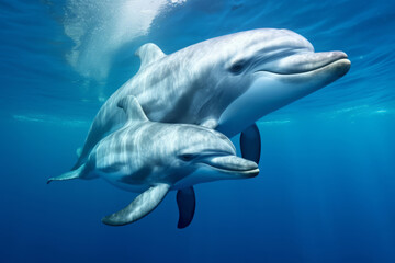 Fototapeta premium View of a family of dolphins swimming gracefully in the crystal-clear underwater of the ocean, marine life in its natural setting.