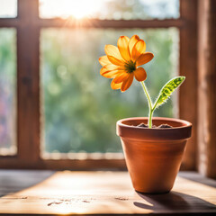 Glowing orange daisy in terra cotta clay pot on a windowsill in sunshine