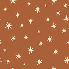 Brown boho stars seamless pattern. Hand drawn sky repeat background. Vector starry print, endless wallpaper, wrapping paper fabric, pastel cozy textile design.