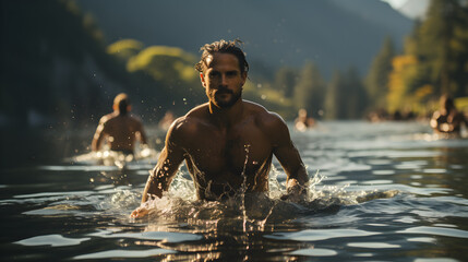 Man swimming in serene lake