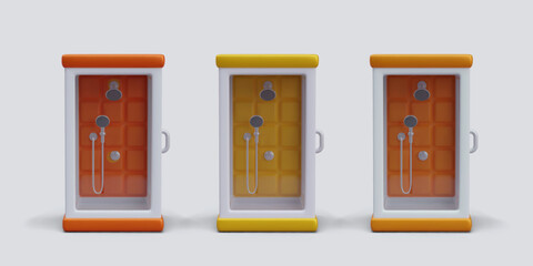 Shower cabin, front view. Set of illustrations in different colors. Red, yellow, orange hydromassage boxes. Isolated images, icons for shop, plumbing works