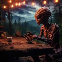 Fototapeta premium Extraterrestrial Enjoying an Earthly Brew: Intergalactic Tea Time