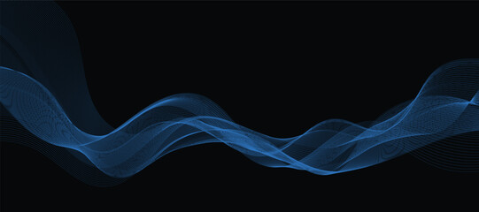 Abstract black vector background with blue wavy lines.