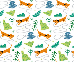 Seamless vector pattern with a traveling dachshund.