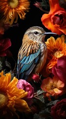 Beautiful Rare Bird and Spring Flowers