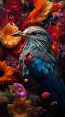 Fototapeta premium Beautiful Rare Bird and Spring Flowers