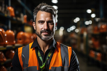 A rugged man with a bushy beard stands confidently in a reflective vest, his face a mask of determination and resilience, his indoor surroundings reflecting his strong sense of self and purpose