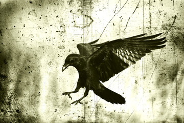Fototapeta premium beautiful raven Corvus corax sitting on the branch North Poland Europe, old vintage filters - halloween