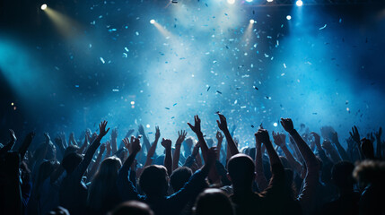 Energetic Live Rock Concert: A Night Club Crowd Cheering and Celebrating at a Festival Party - obrazy, fototapety, plakaty