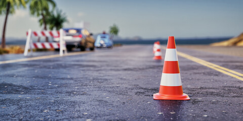 An orange-white traffic pole stands in the middle of the road. - obrazy, fototapety, plakaty