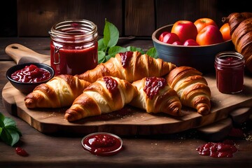 Rustic styling of fresh croissants and fruit jam on the antique wooden board - obrazy, fototapety, plakaty