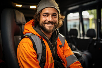 A smiling truck driver sits behind the wheel