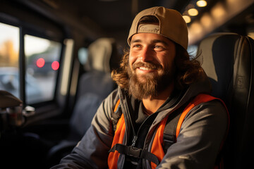 A smiling truck driver sits behind the wheel - obrazy, fototapety, plakaty