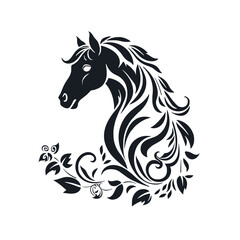 Schwarzweiß-Vektorillustration eines stilisierten Pferdekopfes mit Blumen und Locken, Generative AI