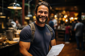 Fototapeta na wymiar A joyful man with a backpack full of important documents showcases his friendly nature and confident style while enjoying delicious food in an indoor setting