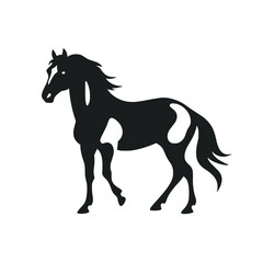 Schwarzweiße Silhouette eines tänzelnden Pferdes in Profil, Generative AI