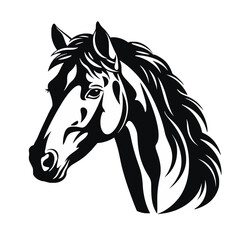 Schwarzweiße Illustration eines Pferdekopfes mit Streifen und langer Mähne, Generative AI