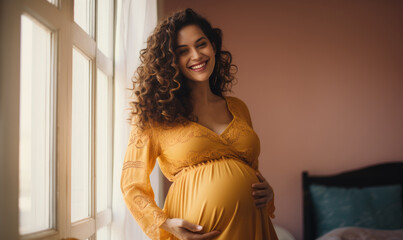 Joyful pregnant Latina with a loving touch on her abdomen. - obrazy, fototapety, plakaty