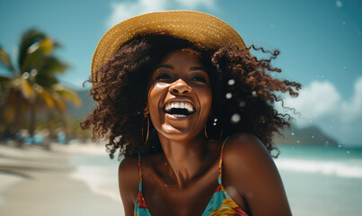 Smiling woman embracing the tropical serenity. - obrazy, fototapety, plakaty
