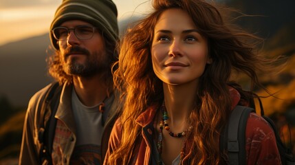 Fototapeta premium Beautiful couple of travelers. Young woman and man at sunset.