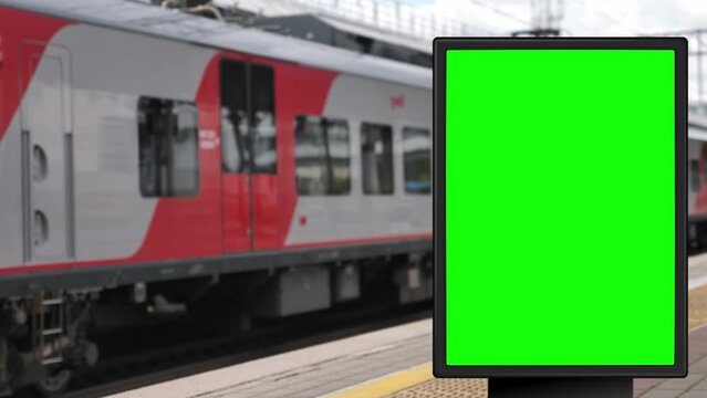 Billboard with Green Screen for Advertising Stand at Platform on Train Station