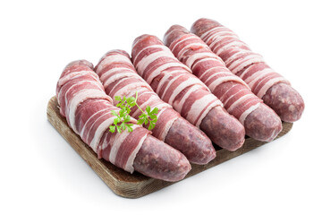 Sausages wrapped in bacon isolated on white background