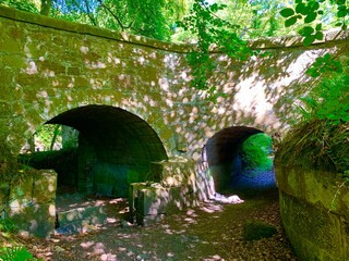 Old stone bridge surrounded by lush greenery.