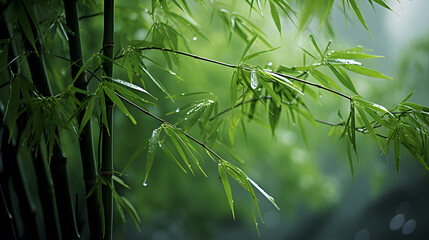 A serene bamboo forest, with towering green stalks as the background, during a misty morning