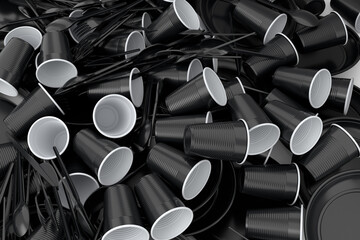 Heap of disposable utensils like plate, folk, spoon,knife and cup on white.