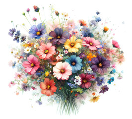 Bouquet of beautiful wild flowers isolated on white, retro style flower background.