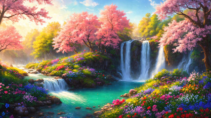 Fototapeta na wymiar A beautiful paradise land full of flowers, sakura trees, rivers and waterfalls, a blooming and magical idyllic Eden garden