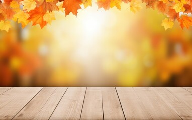 Naklejka na ściany i meble Wooden table and blurred Autumn background. Autumn yellow leaves banner
