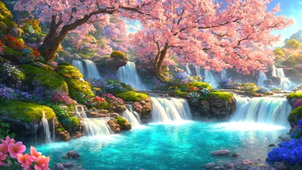 Fotobehang A beautiful paradise land full of flowers, rivers and waterfalls, a blooming and magical idyllic Eden garden. © Cobalt